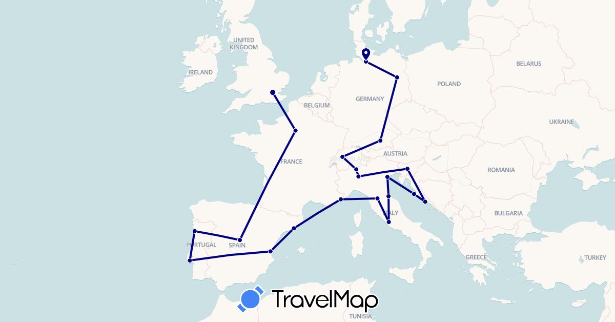 TravelMap itinerary: driving in Switzerland, Germany, Spain, France, United Kingdom, Croatia, Italy, Portugal, Slovenia, San Marino (Europe)